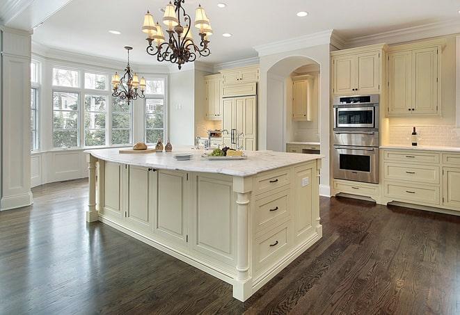 newly installed grey laminate flooring in modern kitchen in Compton